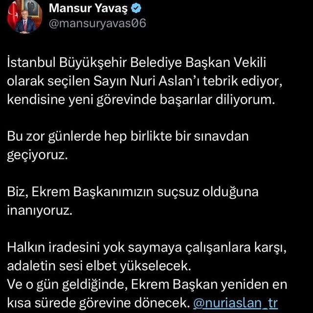 Mansur Yavaş, Nuri Aslan'ı Tebrik Etti ve İstanbul Büyükşehir Belediye Başkan Vekiliğine Atama Hakkında Açıklama