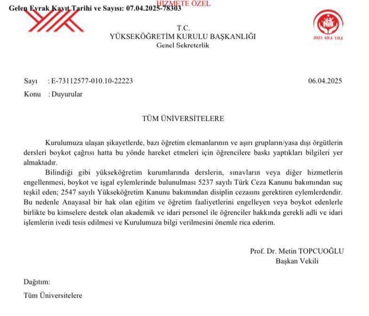 YÖK'ten Akademik Boykota Tepki: Hukuki Süreç Başlatılması Talep Edildi