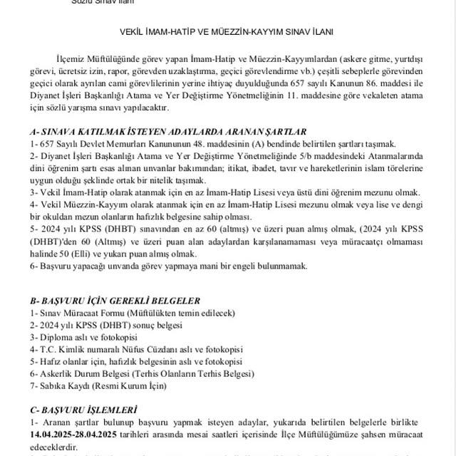 Sincan İlçe Müftülüğü, Vekil İmam Hatip ve Vekil Müezzin Kayyım Sınavı Duyurdu