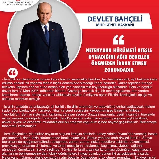 Bahçeli: Netanyahu Hükmeti Ateşle Oynuyor, Ağır Bedel Ödenebilir