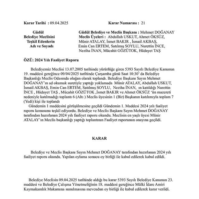 Güdül Belediyesi Nisan Ayı Meclis Kararlarını Açıklandı