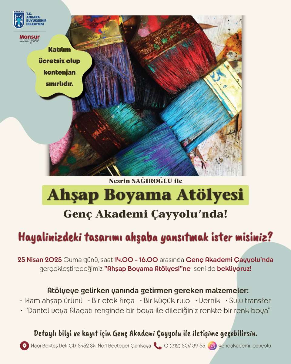 Ankara Büyükşehir Belediyesi Ahşap Boyama Atölyesi Düzenleyecek