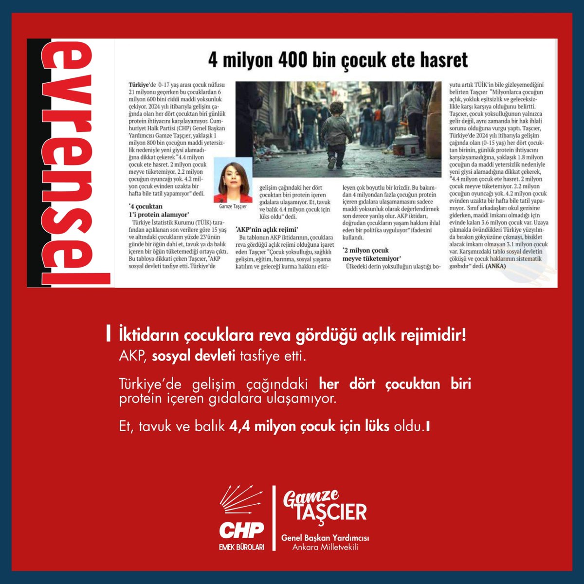 4 Milyon Çocuk Günde Bir Kez Et, Tavuk veya Balık Talamıyor