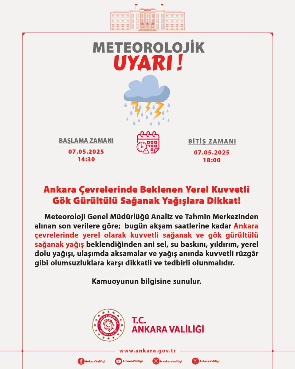 Ankara'da Şiddetli Gök Gürültülü Yağış Uyarısı