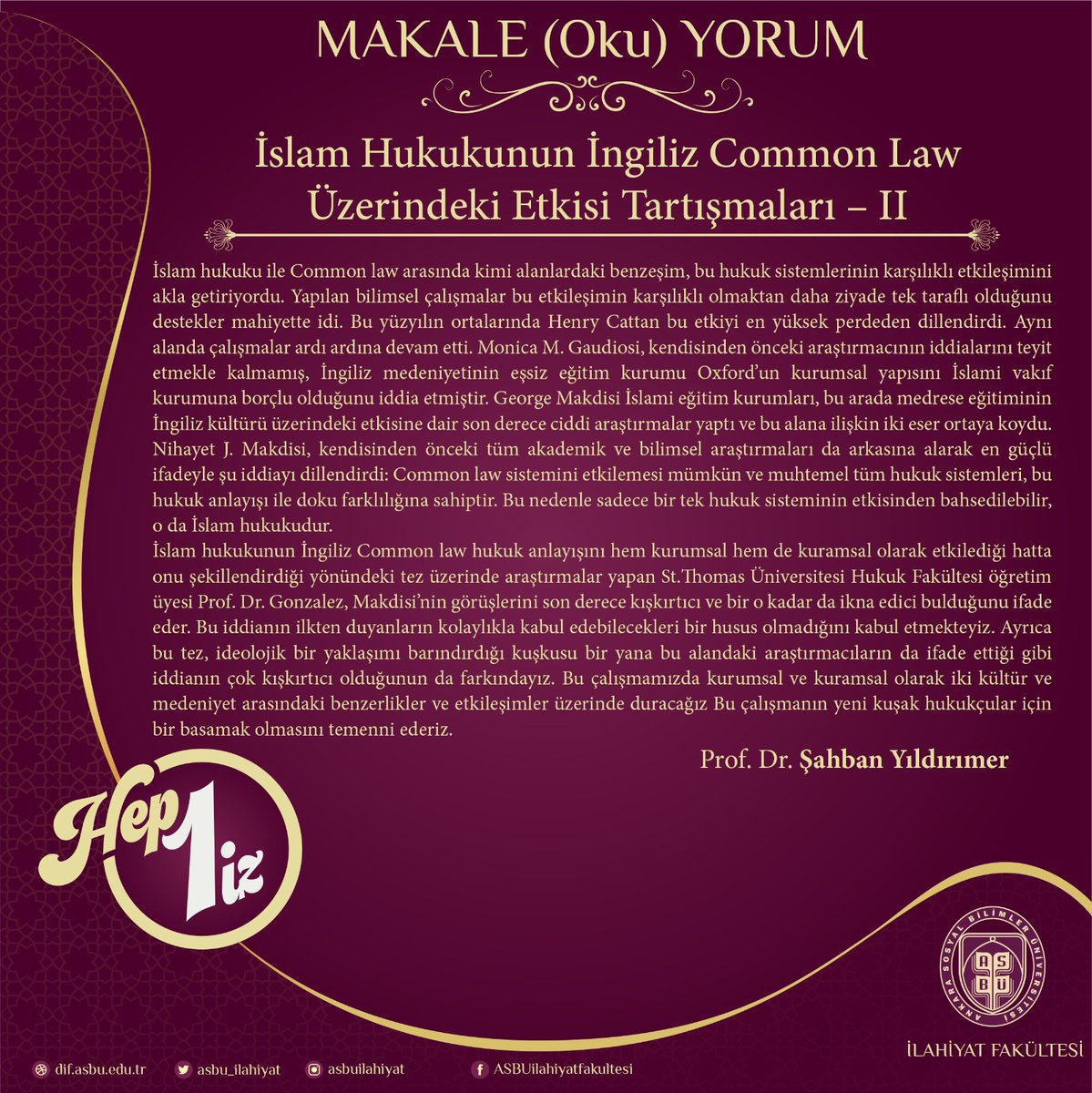 ASBÜ İlahiyat Fakültesi Öğretim Üyesi Yıldırımer'in Makalesi Yayınlandı: İslam Hukukunun Common Law Etkisi