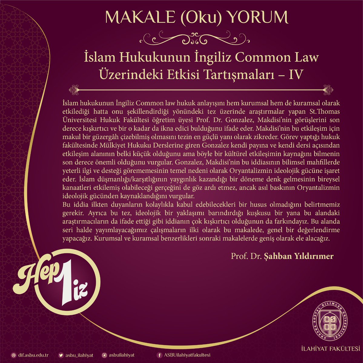 ASBÜ İlahiyat Fakültesi Öğretim Üyesi Yıldırımer'in Makalesi Yayınlandı: İslam Hukuku ve İngiliz Common Law İlişkisi