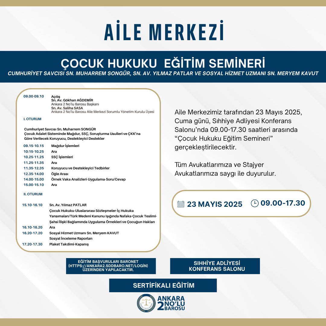 Ankara Barosu Aile Merkezi, Çocuk Hukuku Eğitim Semineri Düzenliyor