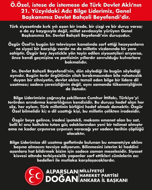 MHP Ankara İl Başkanlığı'ndan Genel Başkan Bahçeli'ye Destek Açıklaması