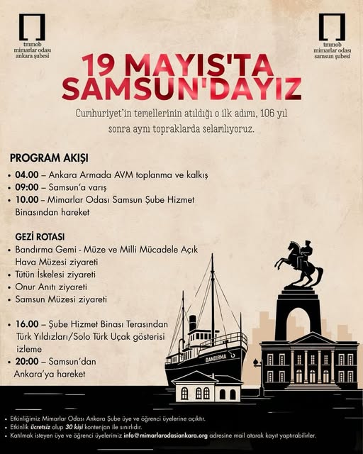 Mimarlar Odası Ankara Şubesi, 19 Mayıs'ta Samsun'da Atatürk'ü Anma Etkinliği Düzenliyor