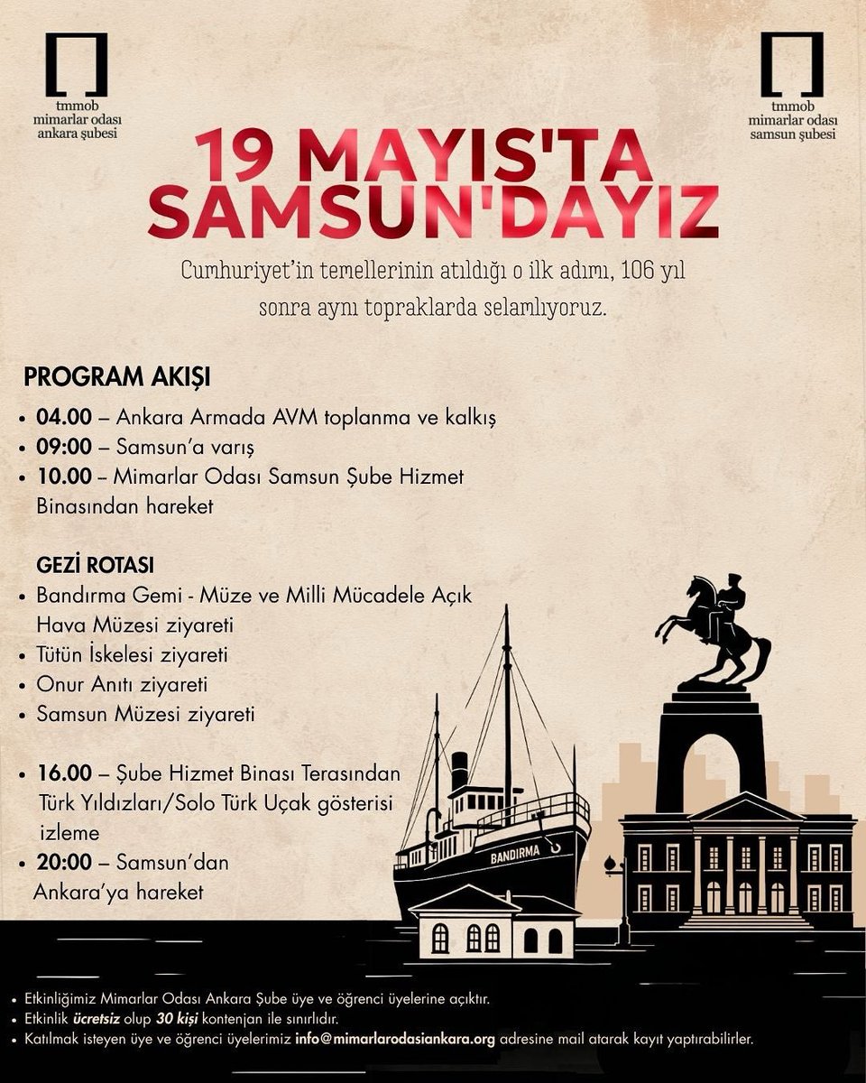 Mimarlar Odası Ankara Şubesi, 19 Mayıs'ta Samsun'da Atatürk'ün Anıtı Etrafında Buluştu