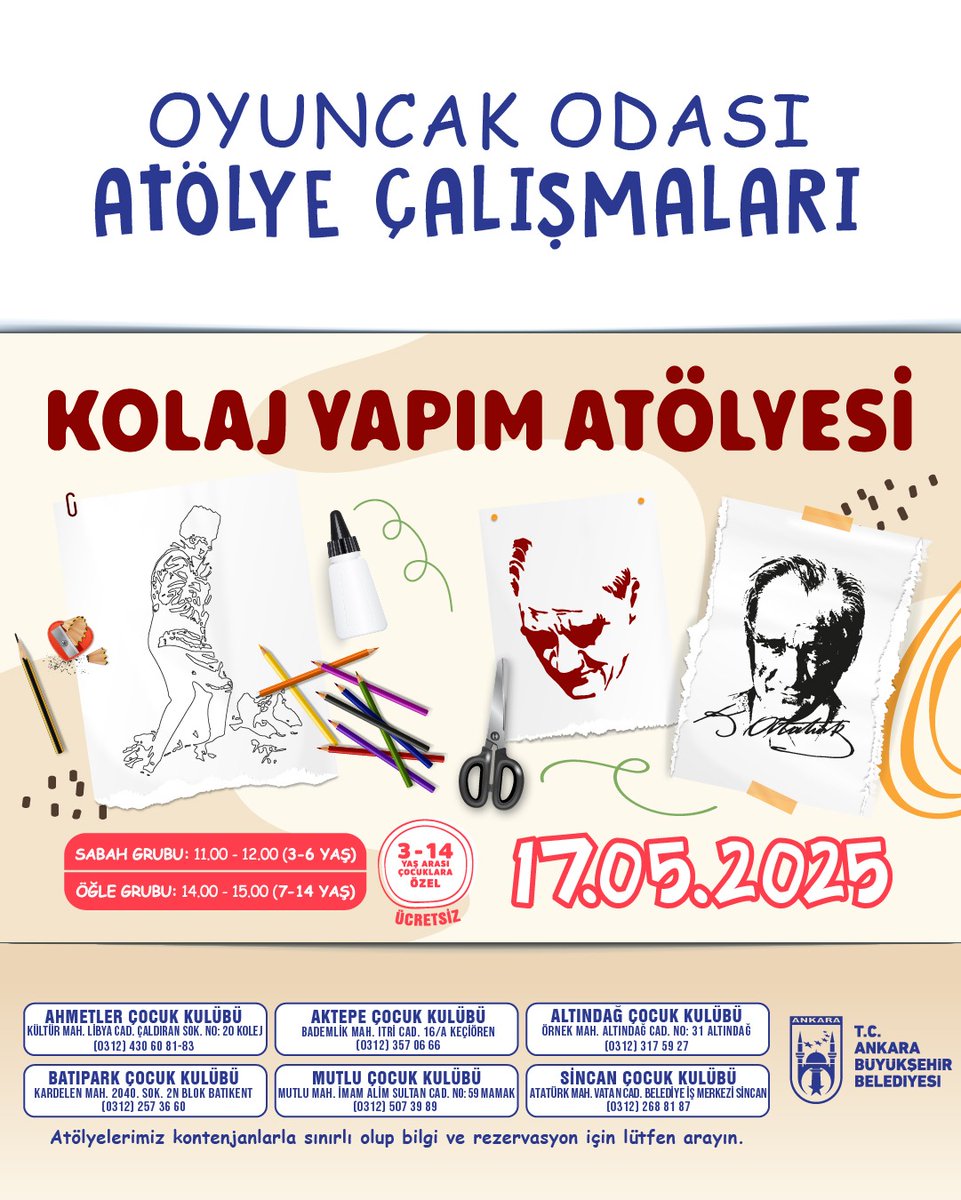Ankara Büyükşehir Belediyesi Çocuk Kulüplerinde Kolaj Atölyesi Düzenlenecek