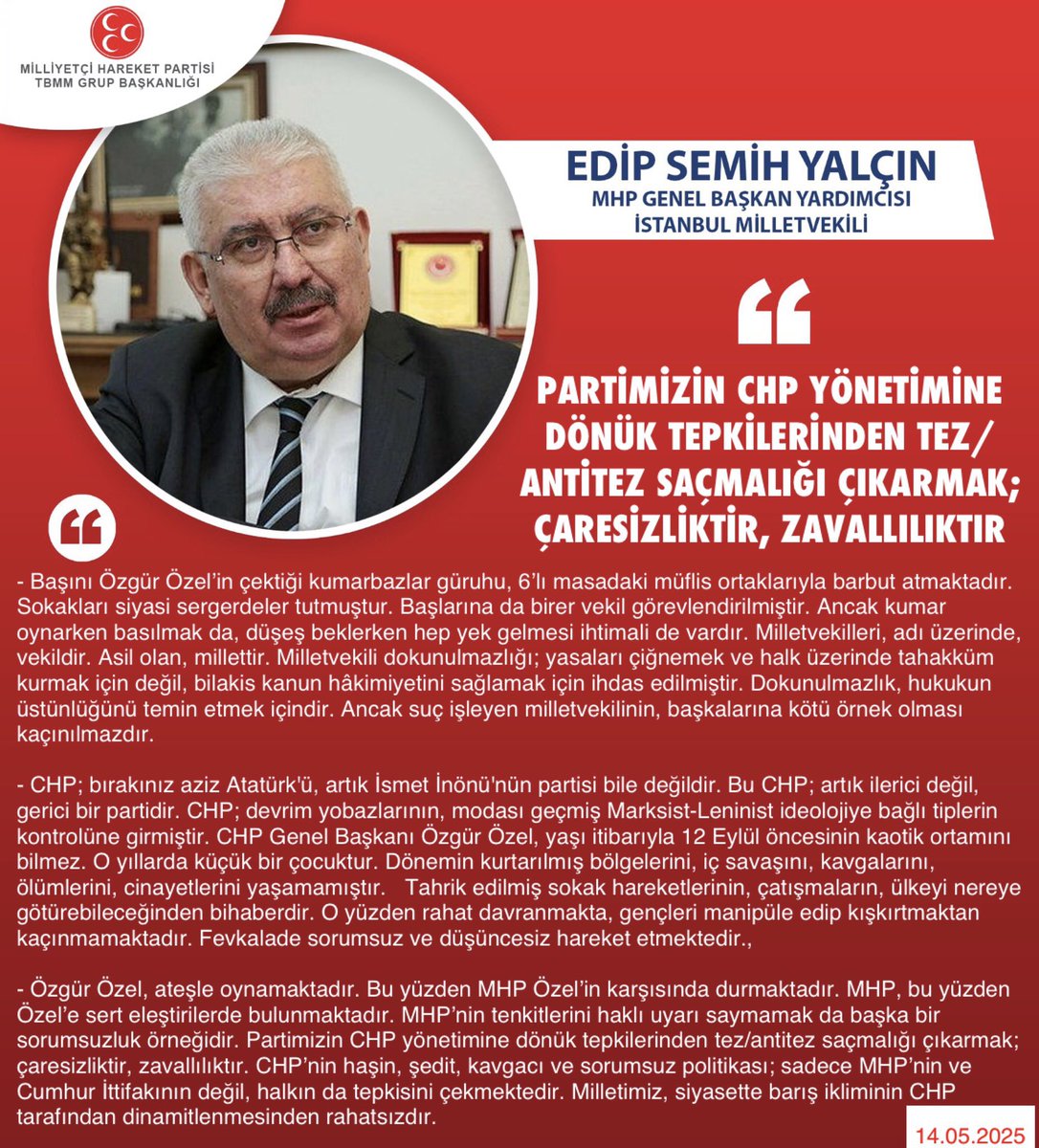 MHP Sözcüsü Yalçın, CHP'ye Yönelik Eleştirilere Tepki Gösterdi