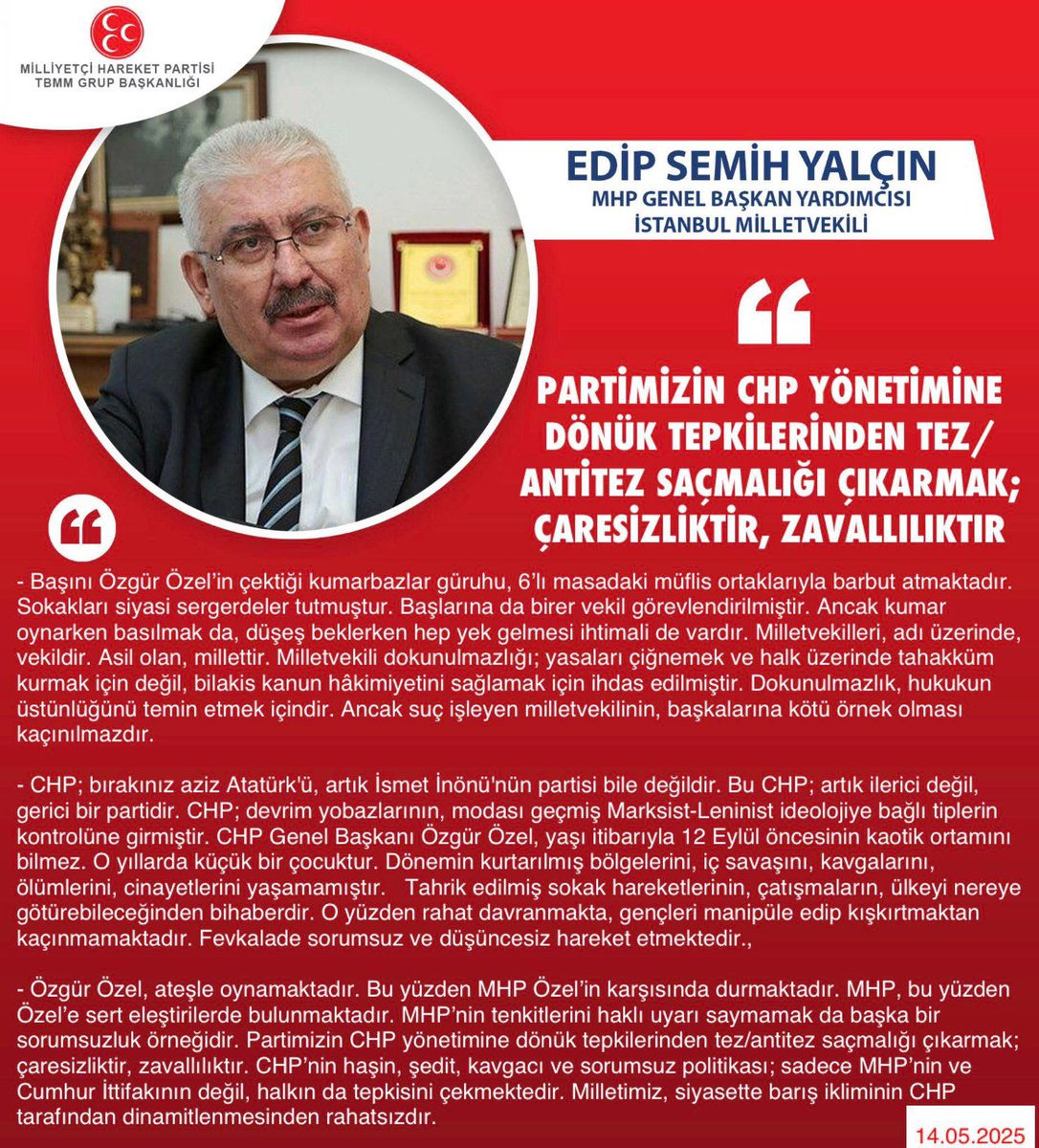 MHP Sözcüsü Yalçın, CHP'ye Yönelik Eleştirilerini Değerlendirdi