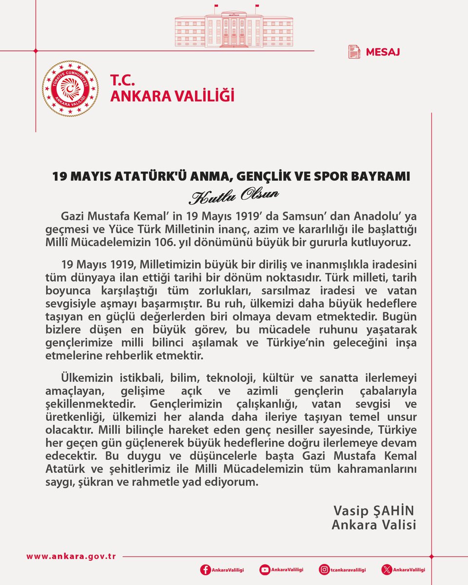 Ankara Valisi Şahin, 19 Mayıs Atatürk'ü Anma Gençlik ve Spor Bayramı Mesajı Yayınladı