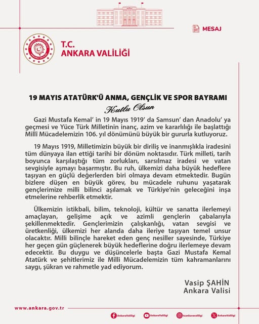 Ankara Valisi Şahin'den 19 Mayıs Mesajı