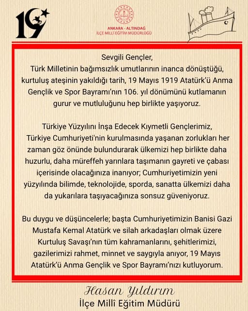 Altındağ İlçe Milli Eğitim Müdürlüğü'nden 19 Mayıs Mesajı