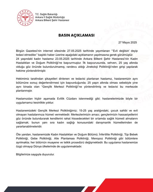 Ankara Bilkent Şehir Hastanesi'nden Açıklama: 