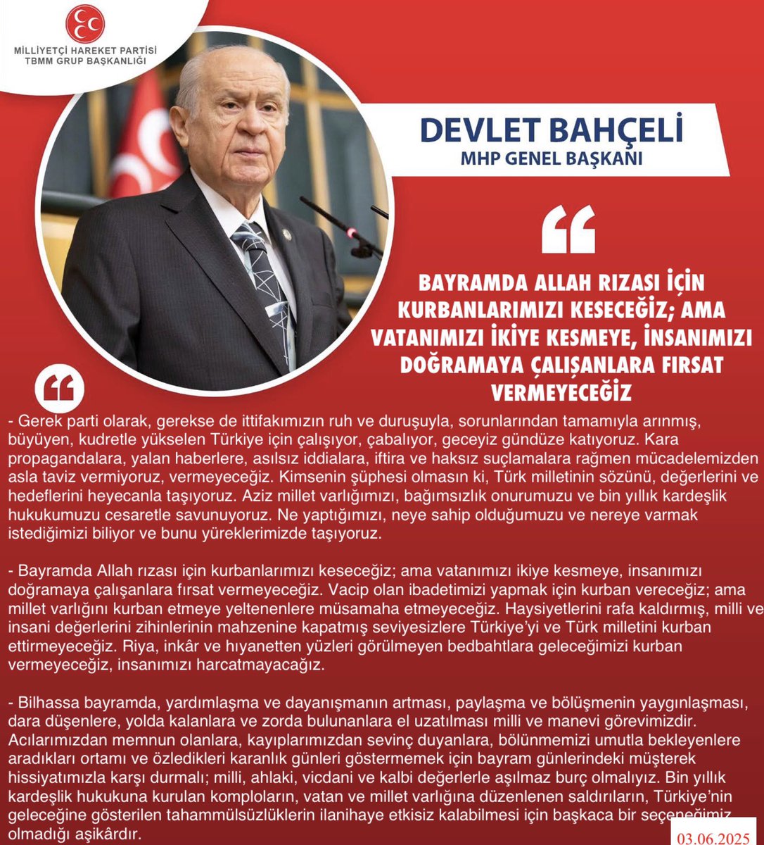 MHP'den Kurban Bayramı Mesajı: 