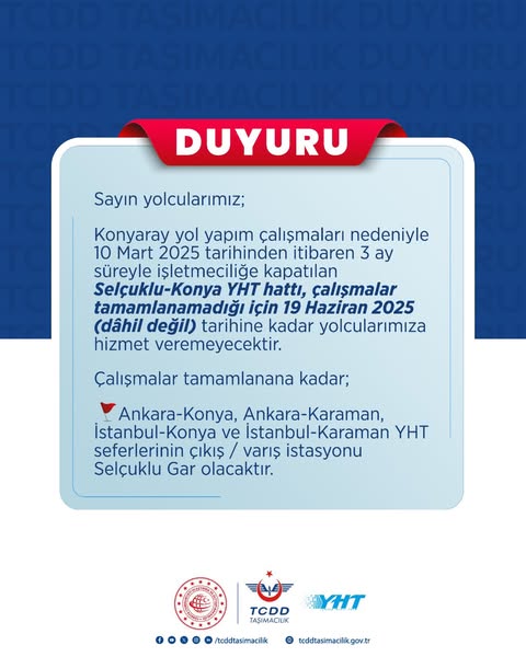 Konyaray Çalışmaları Nedeniyle YHT Seferlerinde Geçici Değişiklik